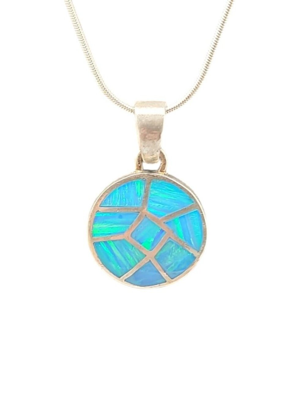 Sterling Silver Inlaid Blue Opal Pendant Necklace 16" Chain Signed ind0925 - Picture 14 of 16